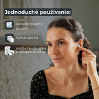 Woman showing how to insert a blue silicone earplug