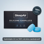 SleepAir blue silicone earplugs with product packaging and satisfaction guarantee