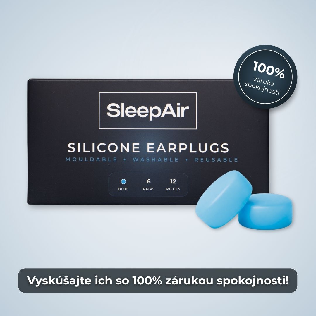 SleepAir blue silicone earplugs with product packaging and satisfaction guarantee