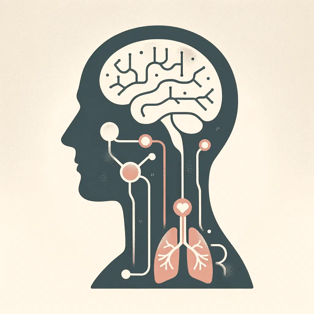 Minimalista illusztráció egy emberi fejről profilban, amely a légzőrendszer egyszerűsített ábrázolását mutatja be.